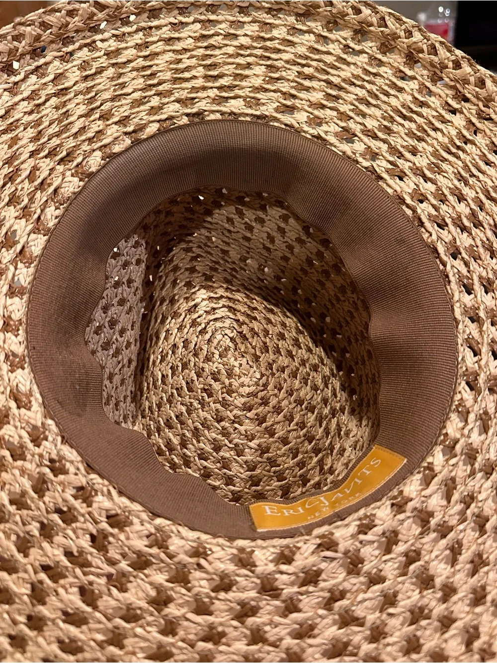 Eric Javits Natural Straw Wide Brim Hat with Tan Band